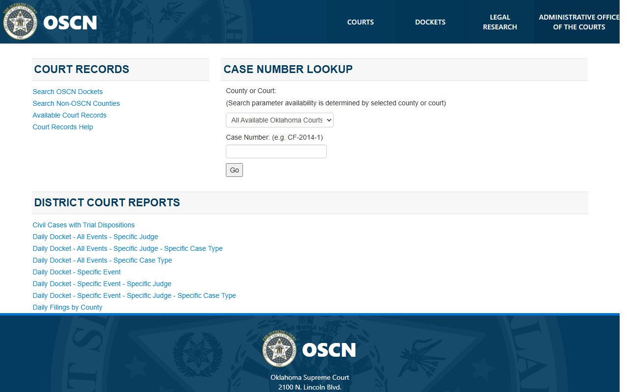 Choctaw County court records search on the OSCN docket landing page
