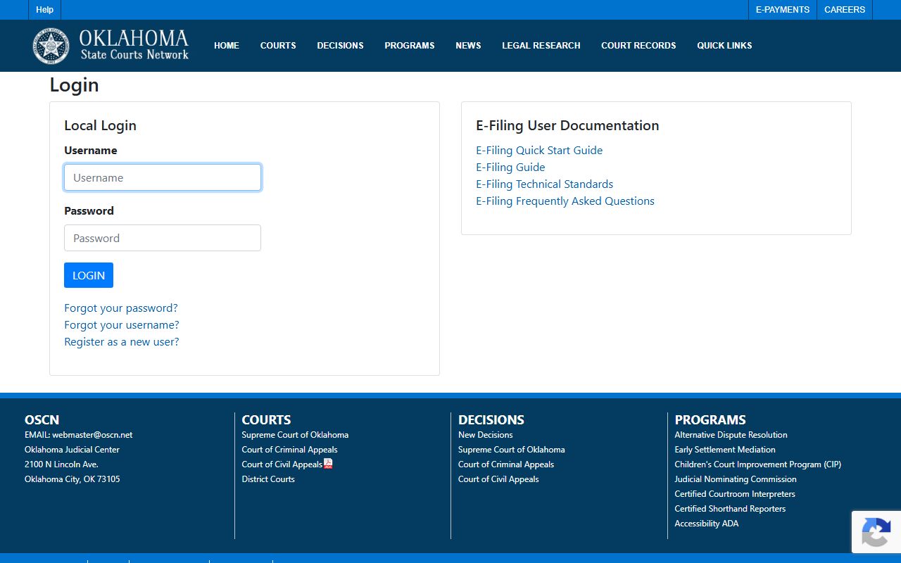 Oklahoma e-filing portal used for Choctaw County court records