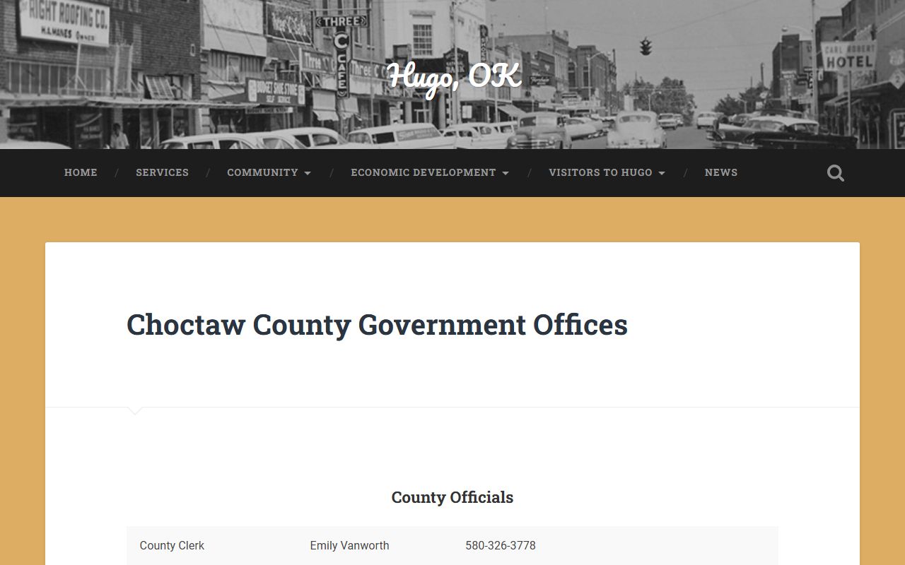 Hugo government offices page for Choctaw County court records contacts