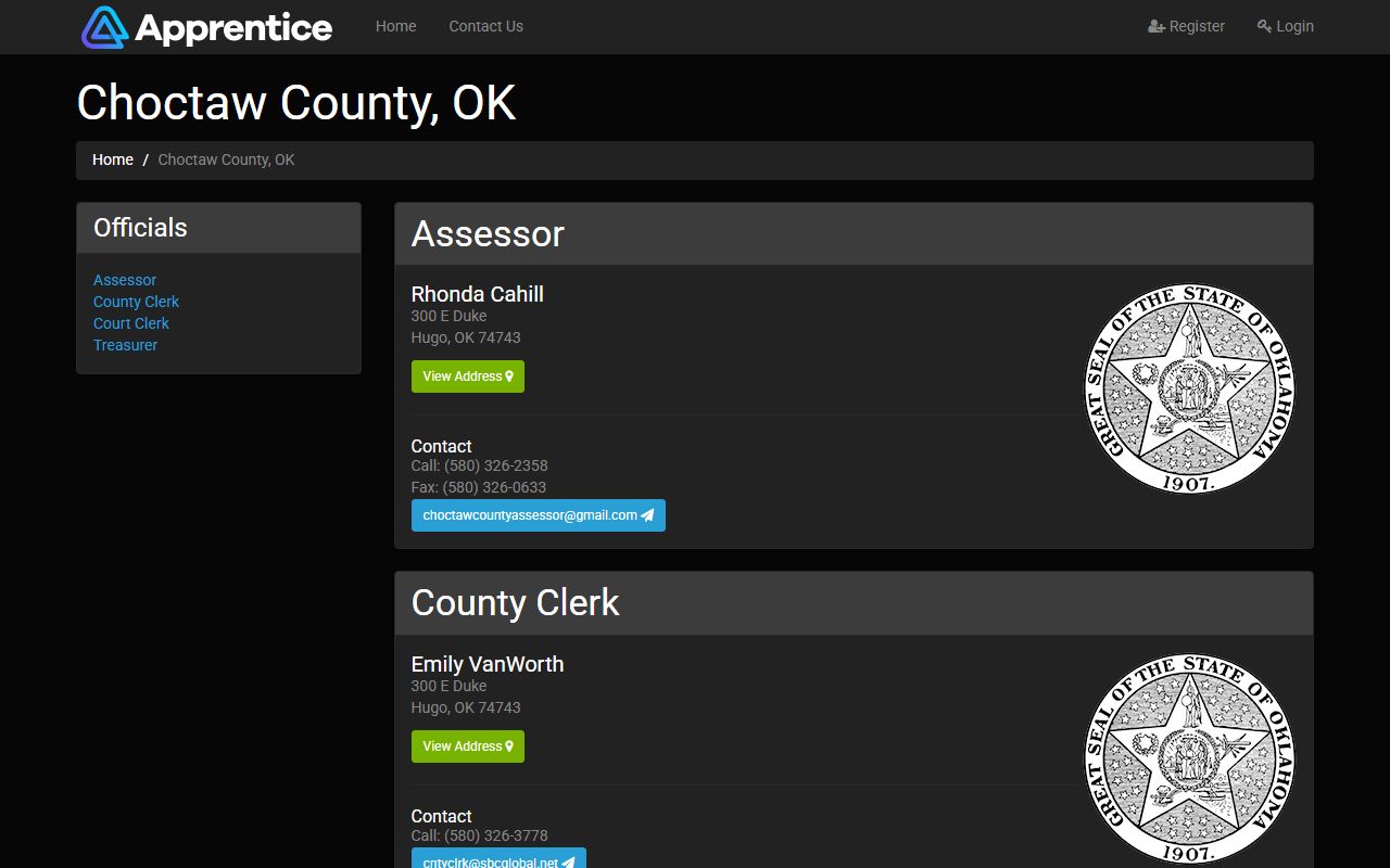 Choctaw County elected officials listing for court records offices