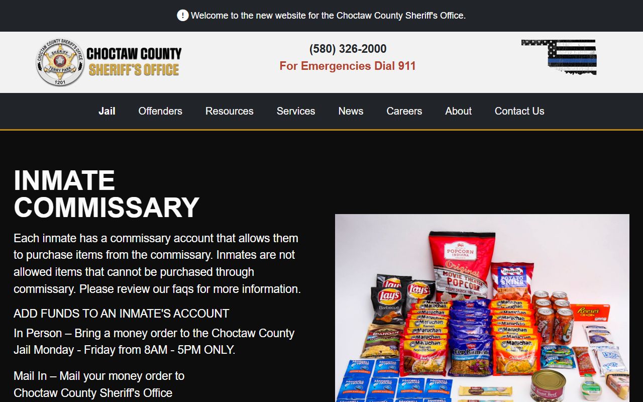Choctaw County jail inmate commissary and money order rules