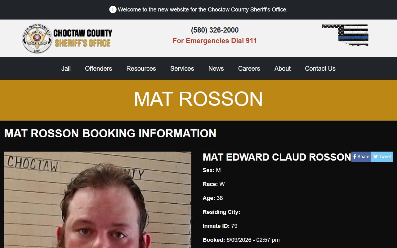 Sample Choctaw County inmate profile and booking record