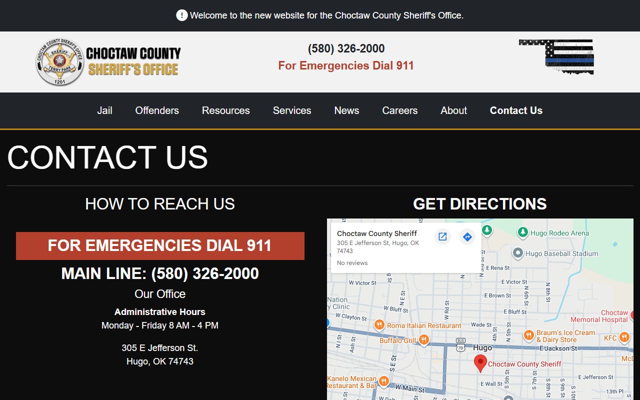 Choctaw County Sheriff contact page for inmate and jail questions