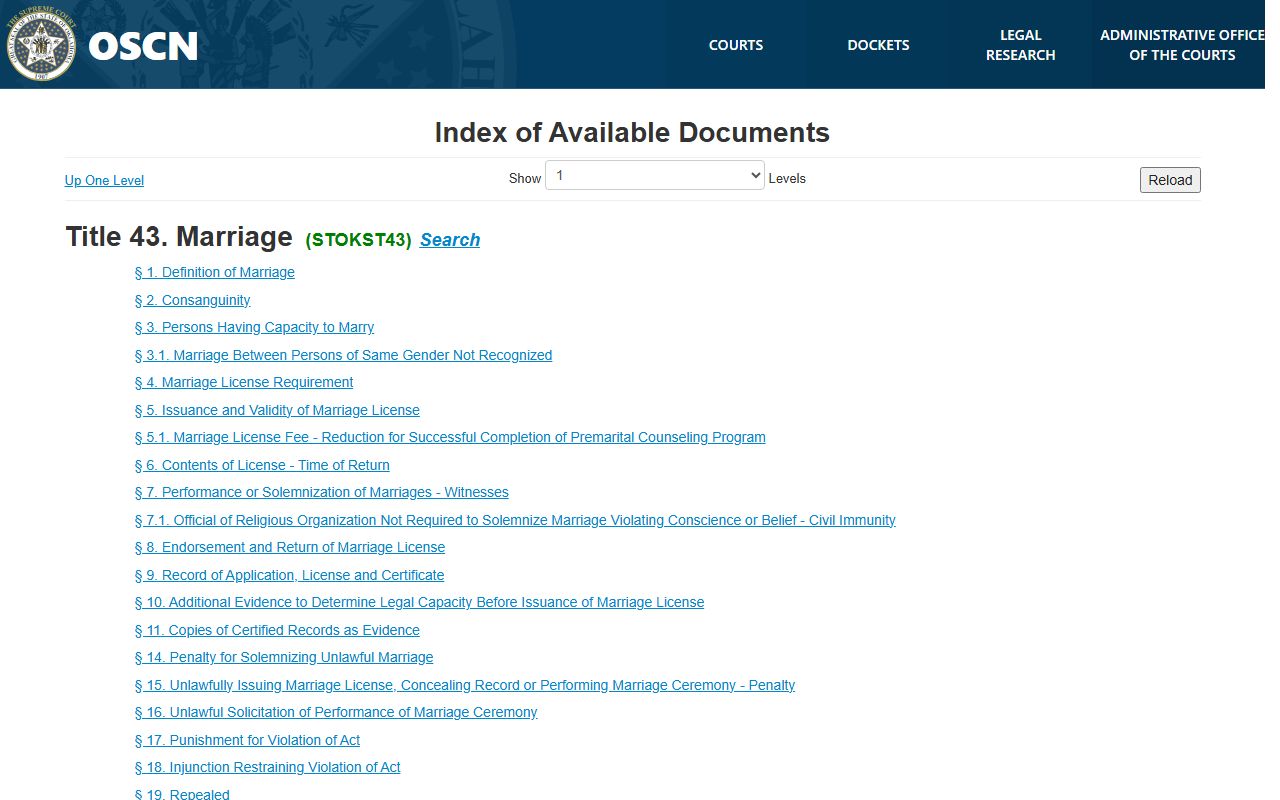 Choctaw County marriage and divorce records governed by Oklahoma Title 43 marriage statutes