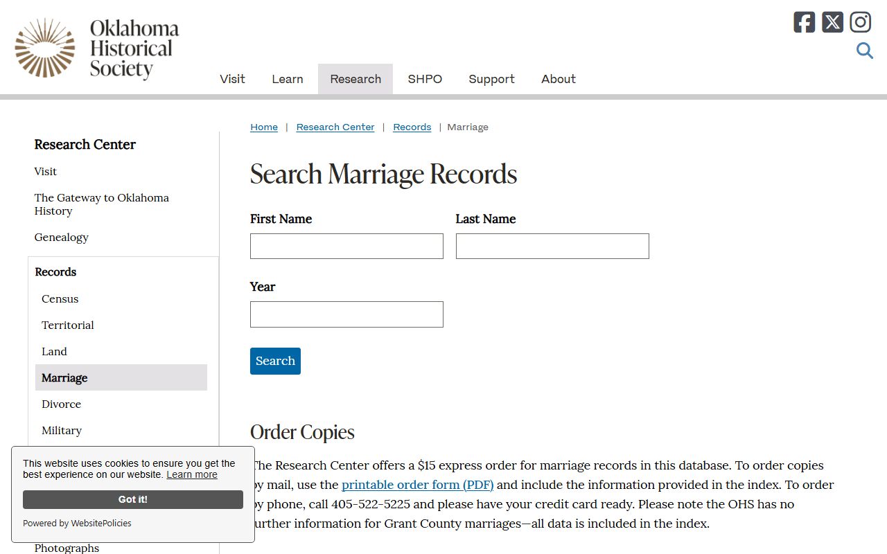 Choctaw County historical marriage records search through the Oklahoma Historical Society