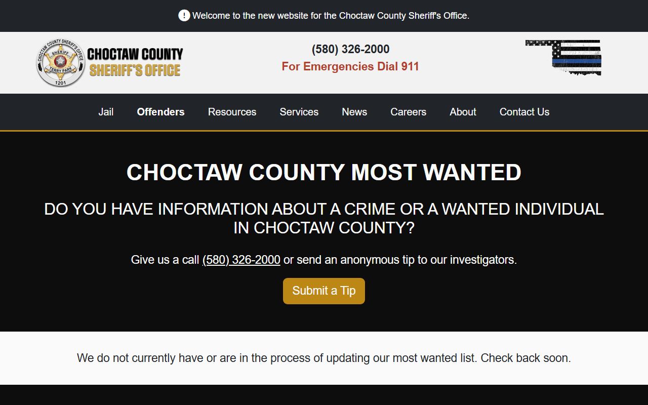 Choctaw County Sheriff most-wanted warrant page