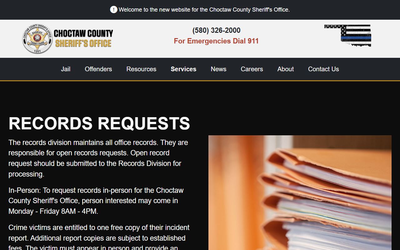 Choctaw County Sheriff records request page for warrant and report records
